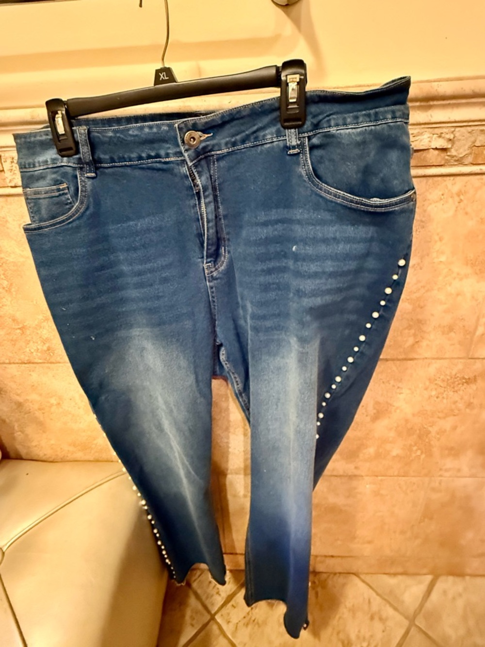BloomChic Blue Skinny Jeans with Pearl Accent